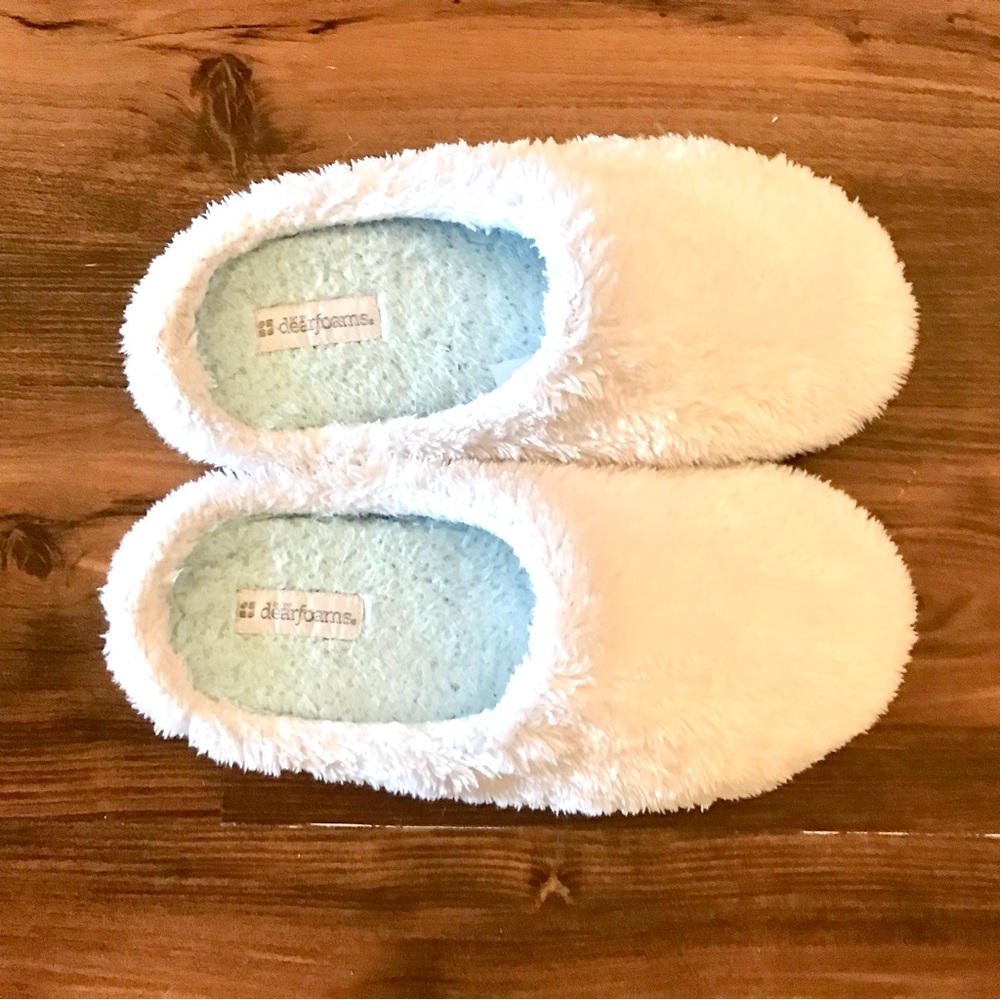 Dearfoams Women’s White & Blue Slippers / Slip-On Clog 7/8 Cozy Warm Fluffy